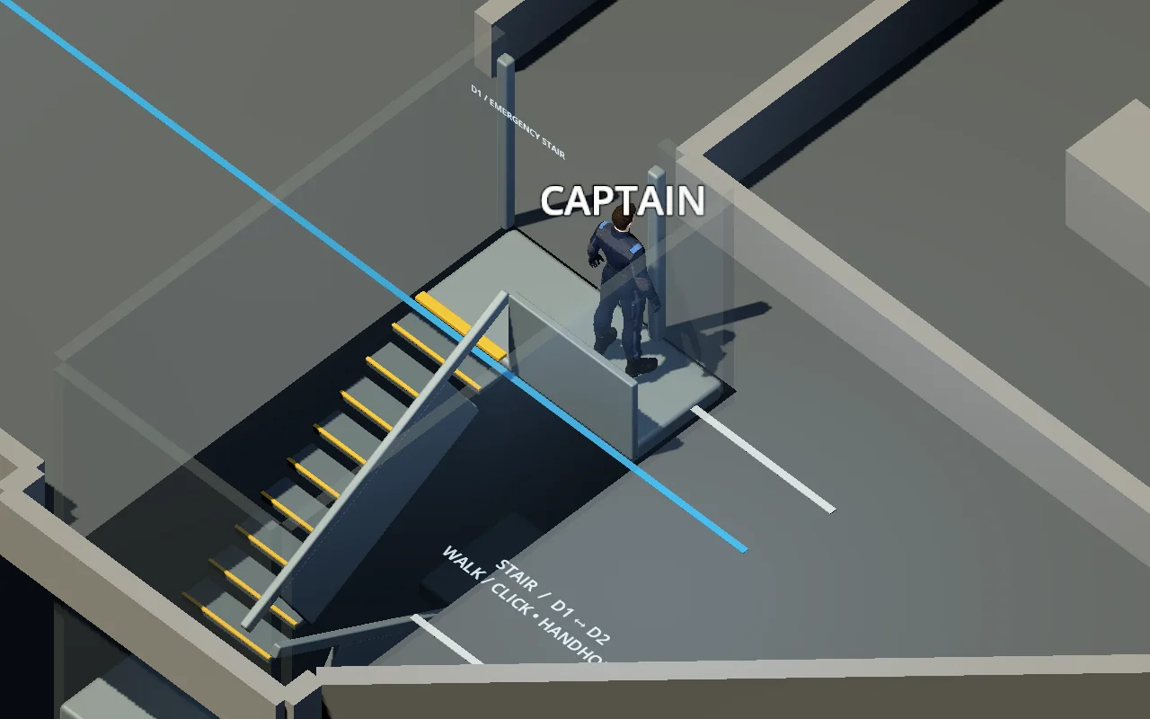 Captain standing beside the D1 emergency stair in the gray-box ship