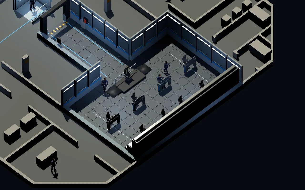 Second isometric view of the prototype CIC, with a crew figure among stations and nearby gray-box rooms