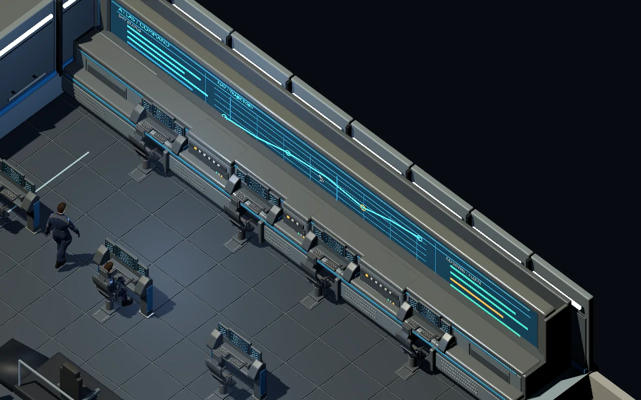 Close view of CIC operator stations beneath a long blue command display