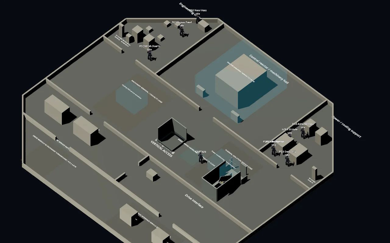 Gray-box D4 engineering deck with machinery footprints, crew figures, and vertical access